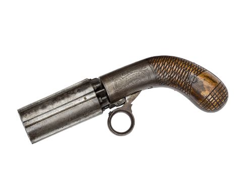 A 6 shot 80 bore Cooper’s patent ring trigger under hammer self cocking percussion pepperbox revolver,  8” overall, barrels 3