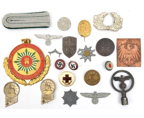 6 Third Reich pressed metal badges, including “I Fest der Jugend Juni 1933”, “Tag der Arbeit 1934”, and “Nationales Wehrsport