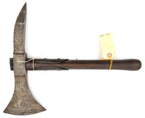 A well formed axe head, blade 5”, squared socket and long peen, on a short haft. GC                         