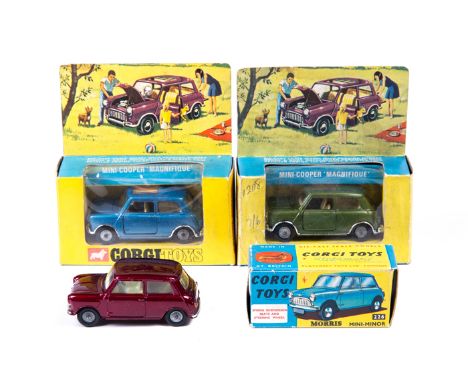 3 Corgi Toys. 2x Mini Cooper Magnifique (334). One in metallic green and one in metallic blue, both with cream interiors. Plu