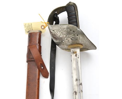 A Geo V Indian Army infantry officer’s service sword,  plain fullered blade 31”, regulation pierced steel guard incorporating