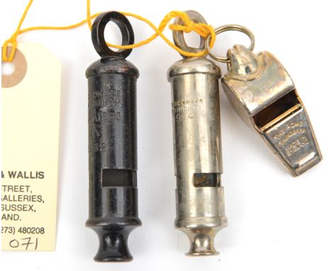 A plated tubular whistle, marked “J Hudson & Co Birmingham 1914”, a blackened similar, Hudson “SN.A.A 1950” broad arrow and “