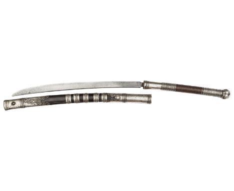 A 19th century silver mounted Burmese sword dha,  slightly swollen and curved SE blade 18½”, polished darkwood hilt and scabb