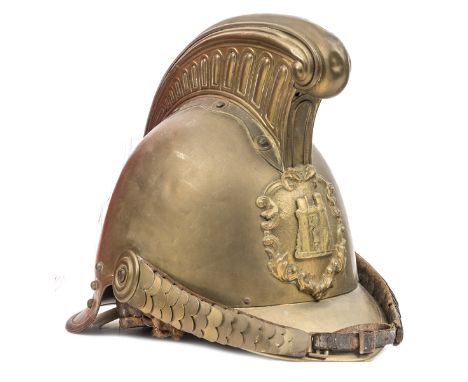 A good late 19th century brass helmet of Herstmonceux (Sussex) Fire Brigade, of French light cavalry style with maker’s name 