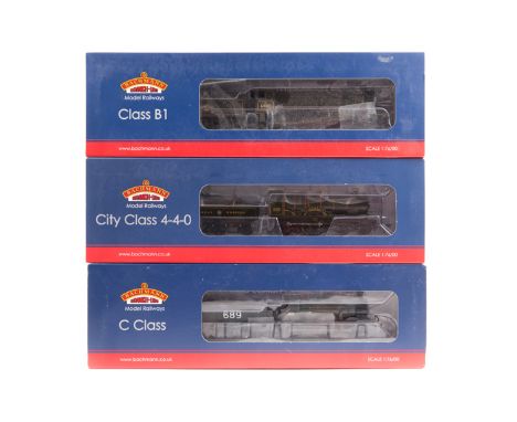 3 Bachmann OO railway locomotives. A BR Class B1 4-6-0 tender loco, 61180, in weathered lined black livery. A GWR City Class 