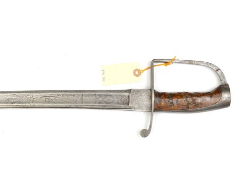 A late 18th century continental cavalry sword,  curved shallow fullered blade 35”, with narrow back fuller, etched on both si