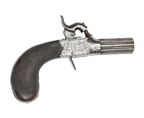 A good quality 70 bore percussion boxlock pocket pistol, 4¾” overall, turn off ribbed barrel 1¼”, London proved, the frame en