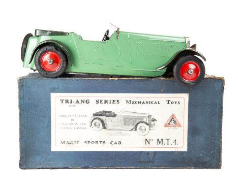 A rare Tri-ang pre-war No.MT4 large scale tinplate Magic Sports Car by Line Bros Ltd. A clockwork 4-seat sports car. Finished