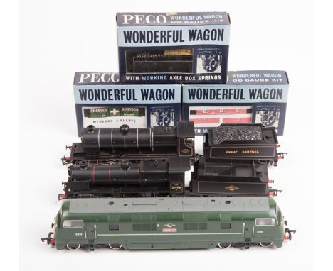 A quantity of OO railway. By Hornby, Bachmann, Lima, Tri-ang, Peco, GMR, Dapol, etc. Including; 9x locomotives - a GCR Robins