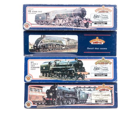 4 Bachmann OO tender locomotives. A BR Lord Nelson Class 4-6-0 loco, Lord Anson 30861. A BR Class 4 4-6-0 loco, 75069. Both i