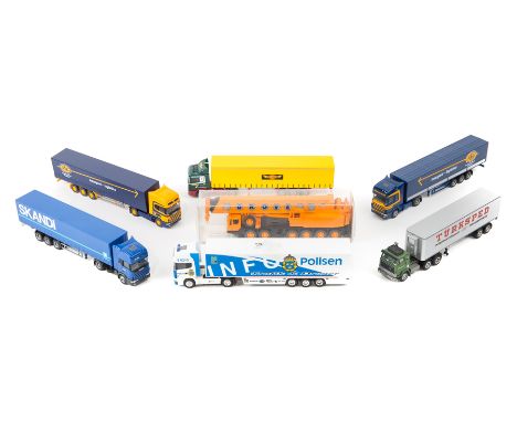 40 Wiking etc 1:87 scale trucks 1960s-2000s examples. 15x Scania of which 11 are articulated curtain side/box van; Nor-Cargo,