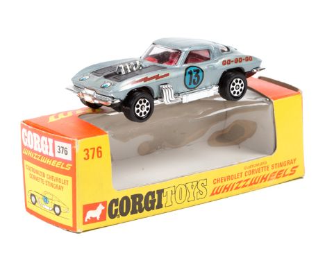 A Corgi Whizzwheels Customized Chevrolet Corvette Stingray (376). In light metallic blue with black bonnet and Go-Go-Go in re