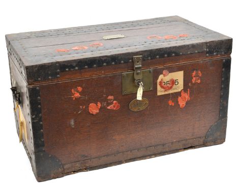 A Geo officer’s iron bound wooden chest, bearing an engraved plaque: “W. Garforth 97th Regt”, many wax seals to top and front
