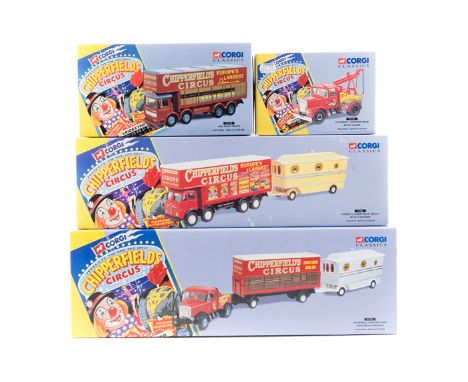 A set of Corgi Classics 1990’s issue Chipperfields Circus vehicles. 3x Bedford OB – horsebox, pantechnicon and articulated lo