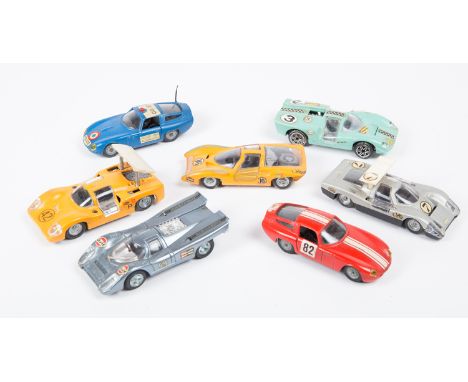 4 1960’s Italian Politoys Export 1:43 scale sports racing cars. Lola Aston Martin in mint green RN3. Bertone Panther in slive