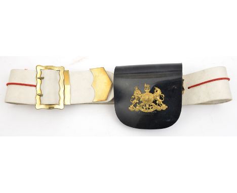 An ERII shoulder belt and pouch of the Royal Horse Guards,  buff leather belt with crimson flask cord, plain brass buckle, ti