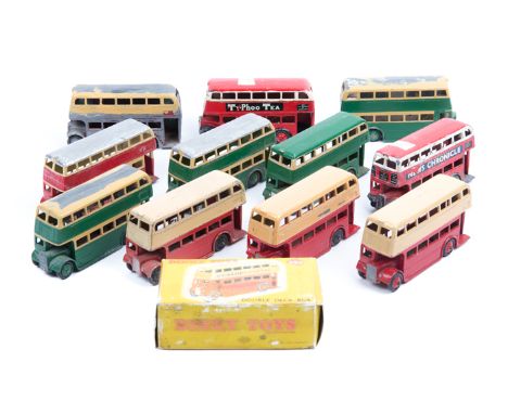 12 Dinky Toys double decker buses for restoration. 5x first type post war examples with AEC/STL grilles and cut-away wings. A