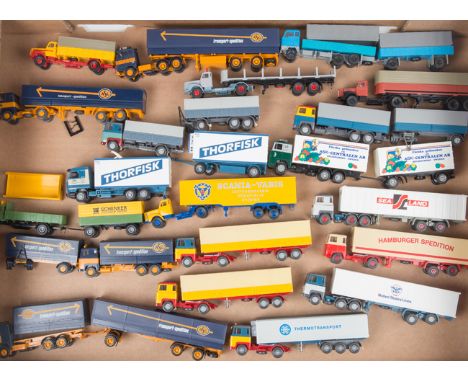 35 Wiking etc 1:87 scale trucks 1960s-1980s examples. 18x Scania; of which 8x articulated examples, ASG, Sea Land, Hamburger 