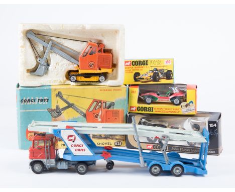 6 Corgi Toys. A Priestman Cub Shovel (1128). A Cooper-Maserati F1 (159). A Bertone Shake Buggy (392). A JPS Lotus F1 (154). A