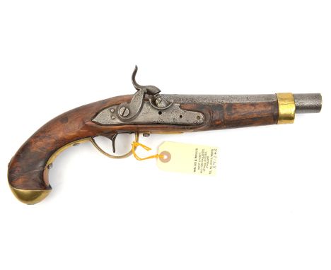 A continental 12 bore military percussion holster pistol, converted from flintlock, 14” overall, barrel 7½”, the flat lock of