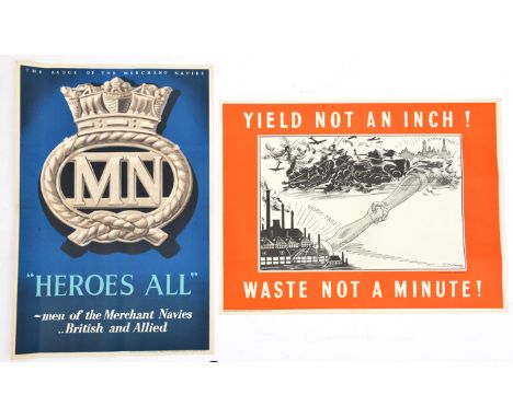 2 WWII A2 posters: “Yield not an inch. Waste not a minute” promoting Anglo Russian solidarity, with 2 arms shaking hands betw