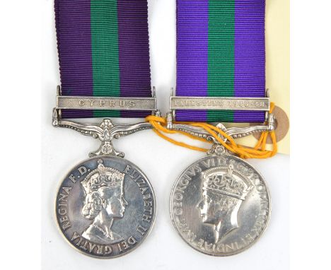 GSM 1918, 1 clasp Cyprus (23462047 Sig J L Smith R Sigs), GVF; another  1 clasp Palestine 1945-48 (re-impressed 14217878 Gnr 