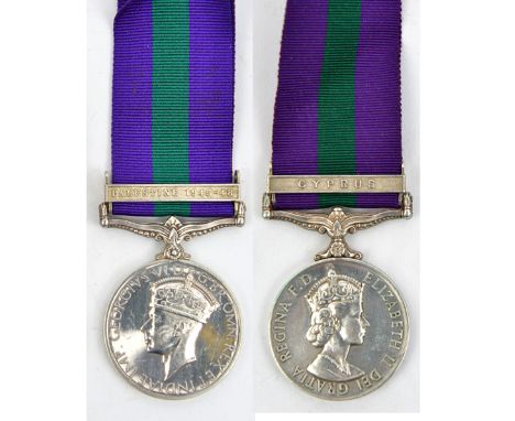 GSM 1918, 1 clasp Palestine 1945-48 (2265995 L.A.C. W Salisbury RAF) GVF; another  1 clasp Cyprus (23548846 Pte K Jay, Wilts)