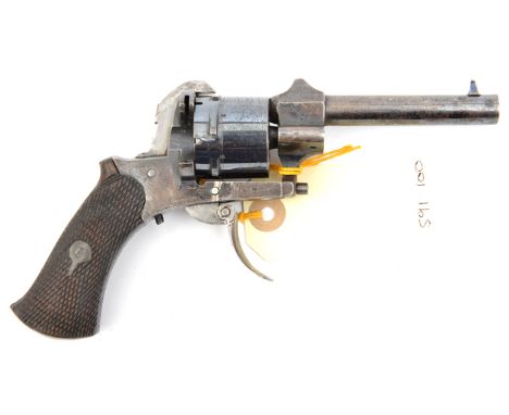 A 6 shot 7mm open frame DA pinfire revolver,  6½” overall, round barrel 3¼”, B’ham proved, with folding trigger and chequered