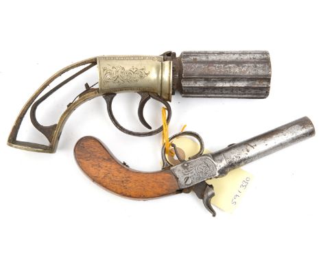 An incomplete 6 shot 120 bore percussion pepperbox revolver, barrels 2½” with B’ham proofs, the GS frame engraved with scroll