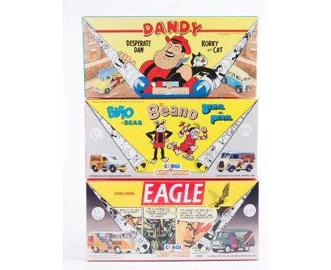 13 Corgi Comic sets and vehicles. The Beano – Morris 1000 and J vans. Eagle – Volkswagen and Bedford CA vans. Dandy – Bedford