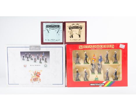 6 Britains The W. Britain Collection sets. 3x Royal Marines 10 pieces in each. 2x The York and Lancaster Regiment 9 pieces. P