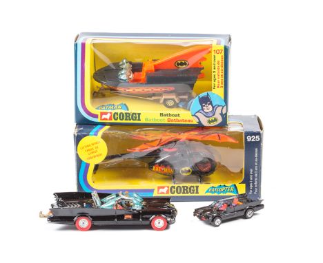 4 Corgi Toys Batman vehicles. 2nd issue Batboat (107) 1973 issue, complete with figures. Plus a Batcopter (925). Both boxed, 