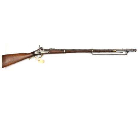 An Indian 12 bore military style percussion musket,  49” overall, barrel 33½” with rifle type rearsight and stamped with arse