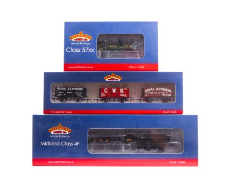 A quantity of Bachmann OO railway. An LMS class 4F 0-6-0 tender locomotive 3851 and a GWR class 57XX 0-6-0 Pannier tank 8709.