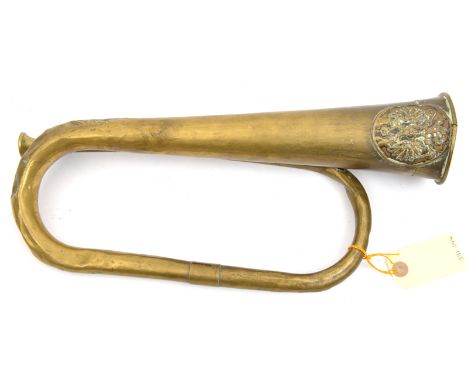 A Russian 19th century brass bugle, probably Crimea era, bears applied Russian coat of arms, 15½” in length. GC (various mino