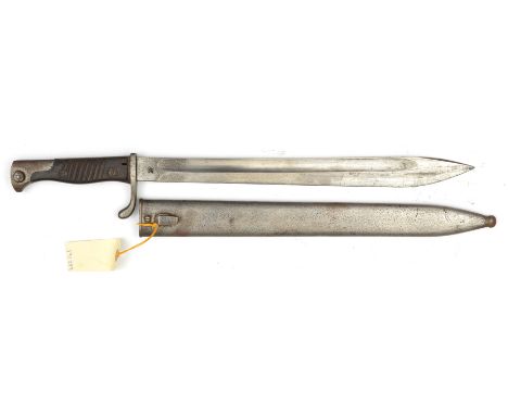 A M1898/05 Seitengewehr bayonet,  Berlin maker’s name (unclear) at forte, plain back to blade, with flashguard, in scabbard. 