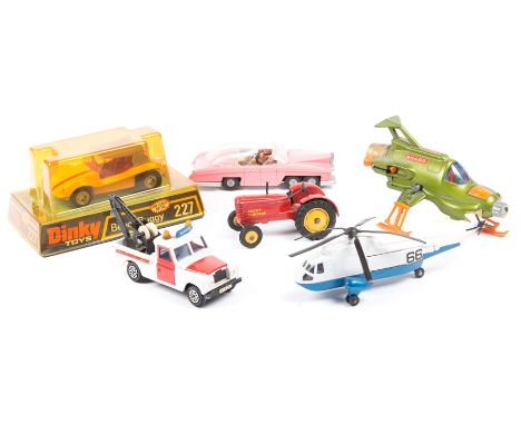 A quantity of Dinky Toys. Beach Buggy (227) and a Hawker Harrier Jump Jet (722), both in blister packs – some wear/damage. Al