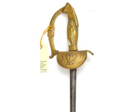 An Italian courtsword, slender ovoid section blade 29½”, gilt brass ornamental hilt, the turn down shell guard with crowned I