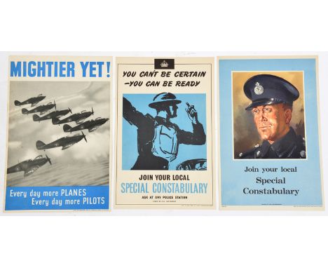3 WWII A3 posters: Squadron of Spitfires in formation “Every day more Planes...more Pilots” etc; “Join your local Special Con