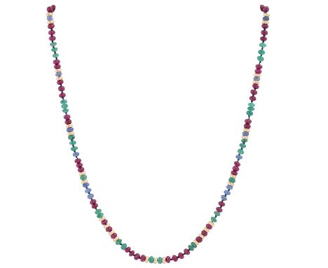 Edelsteinkette aus Rubinen, Saphiren und Smaragden D: 4 mm, mit Zwischenteilen und Schließe aus GG 14K, L: 49 cm, Ende 20. Jh