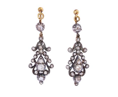 Historismus Ohrhänger mit Altschliffdiamanten und Diamantrosen zus. ca. 0,8 ct, GG ca. 12K, Schauseite Silber, Ohrschrauben 1