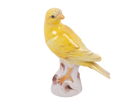 MEISSEN "Kanarienvogel" 20.Jh. Weißporzellan polychrom gefasst, gelber Kanarienvogel auf einem Baumstumpf, Entwurf von Johann