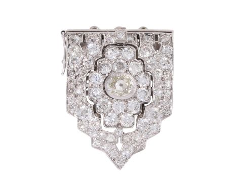 Schließe mit Diamanten von zus. ca. 4,5 ct, davon zentraler Stein ca. 0,5 ct, ca. GW (K)/VS, weitere Steine ca. LGW-GW (I-K)/