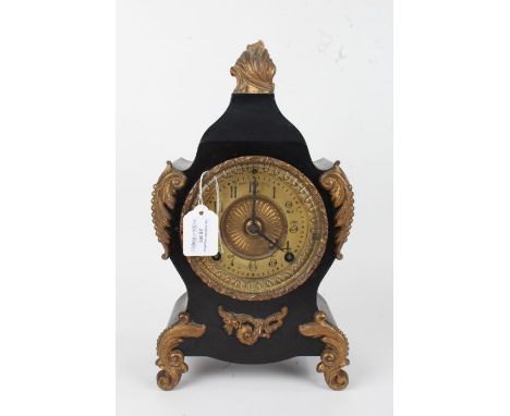 Ansonia Clock Co. slate effect mantel clock, the metal case with gilt scroll and flame effect mounts, the dial with Arabic nu
