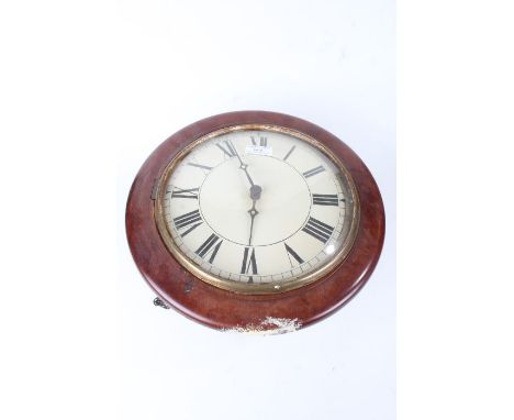 Victorian mahogany cased postman's alarm clock, the white dial with black Roman numerals, with pendulum and two weights, the 