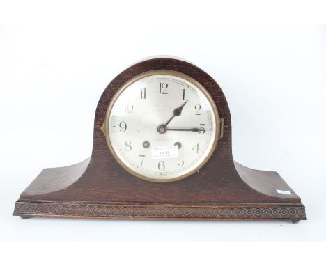 1920's/30's oak cased mantel clock, the dial with Arabic numerals, twin train movement, 43cm wide
