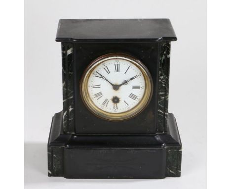 Slate and marble mantel clock, the white enamel dial with Roman numerals and Arabic minutes track, 21cm wide, 23cm high