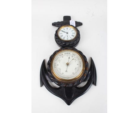 Nautical themed clock/ aneroid barometer, the white enamel clock dial with Roman numerals , subsidiary alarm dial and retaile