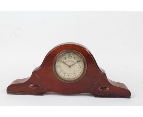 Edwardian mahogany Napoleon hat mantel clock, the silvered dial with Arabic numerals, the case with raised oval decoration, 3