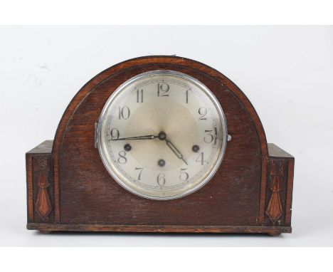 1930's oak cased mantel clock, with silvered dial and arabic numerals, 33cm wide